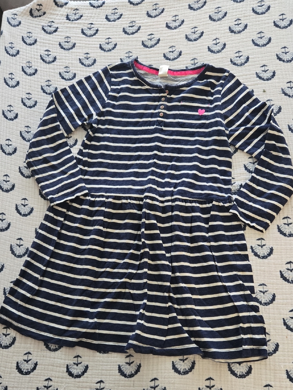 OshKosh Girls Navy & White Striped Long Sleeve Dress with Embroidered Pink Heart